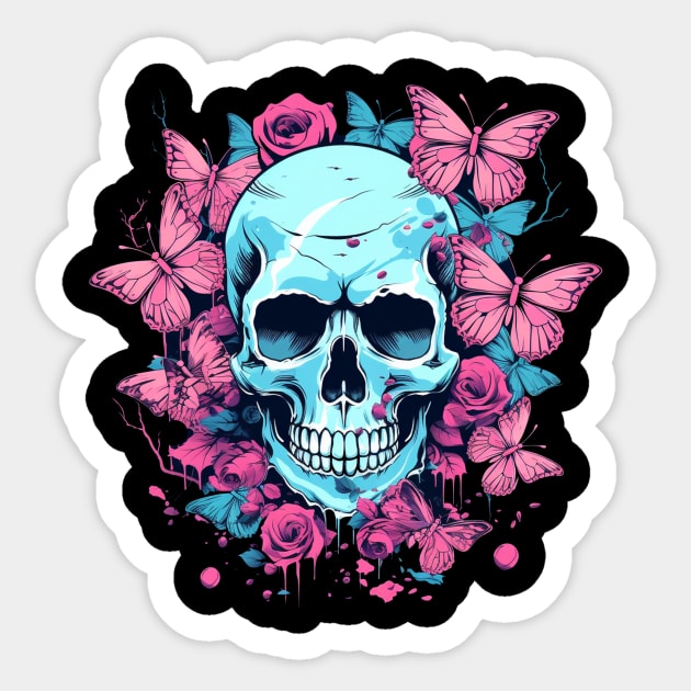 Butterfly Skull with Flowers and Pink Roses Sticker by TOKEBI